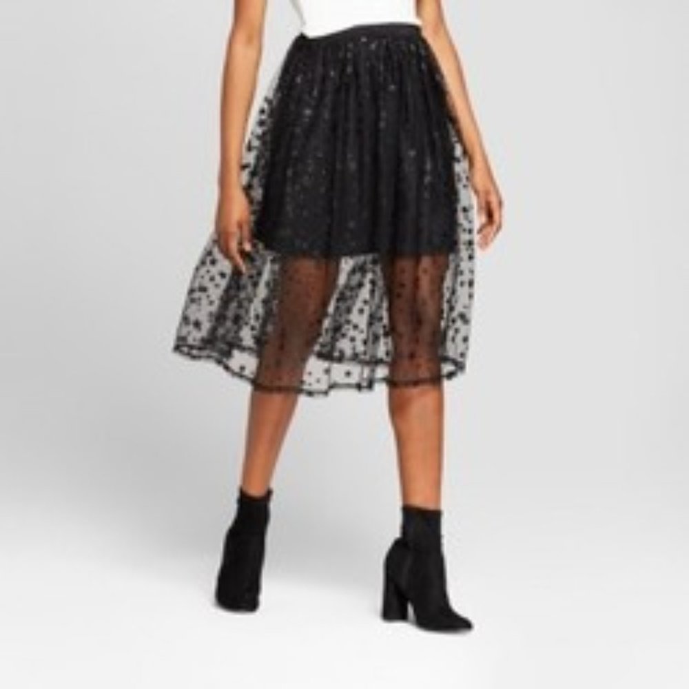 Women's Metallic Star Print Mesh Skirt - Black